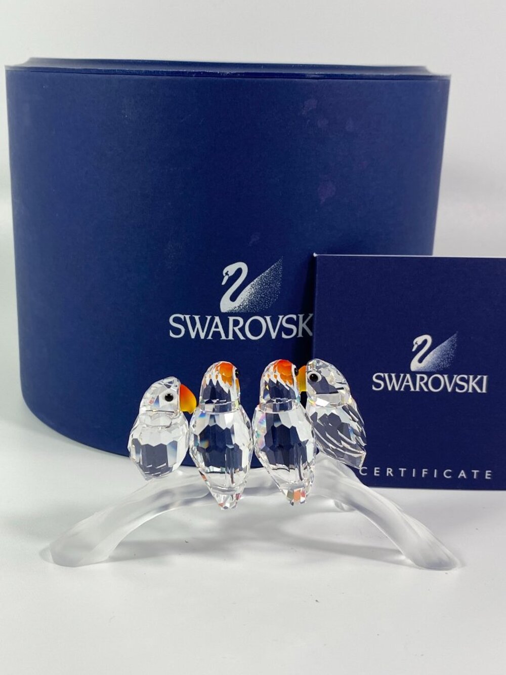 Swarovski Crystal Glass 4 Baby Love Birds Parrots On A Branch with Box and CoA.